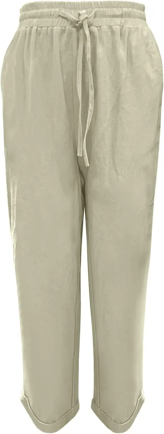 Miyaomn Womens Casual Linen Straight Leg Pants Side Button Drawstring Elastic Waist Solid Lounge Trousers Slacks with Pockets