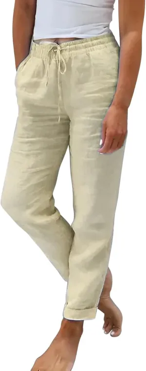 Miyaomn Womens Casual Linen Straight Leg Pants Side Button Drawstring Elastic Waist Solid Lounge Trousers Slacks with Pockets
