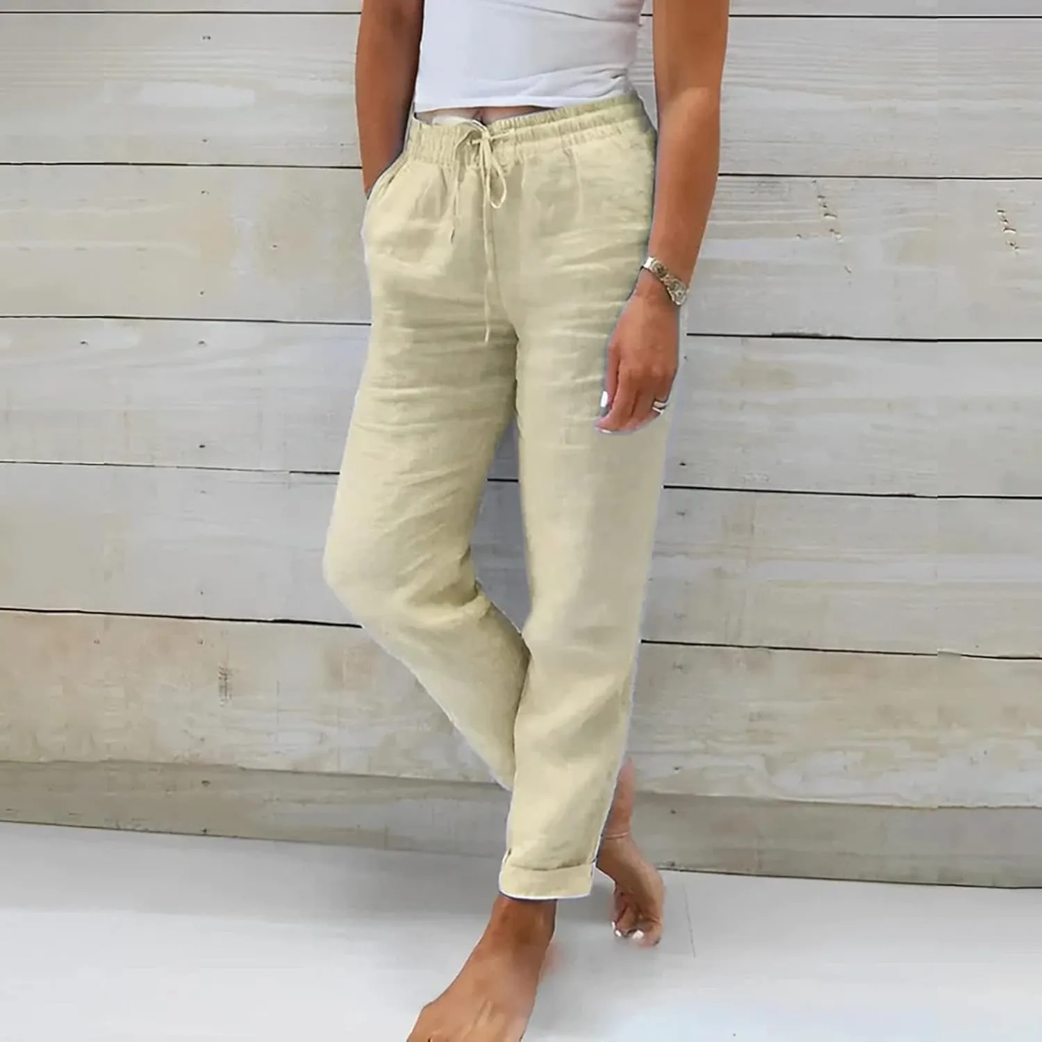 Miyaomn Womens Casual Linen Straight Leg Pants Side Button Drawstring Elastic Waist Solid Lounge Trousers Slacks with Pockets