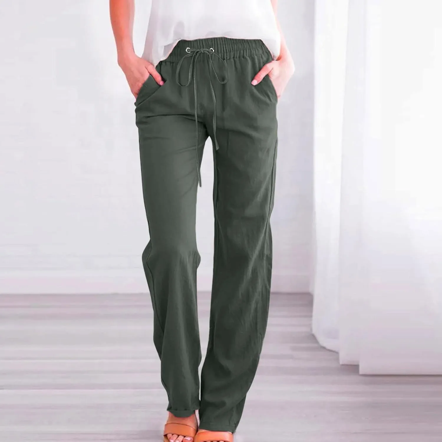 Miyaomn Women's Casual Solid Pants Cotton Straight Leg Drawstring Elastic High Waist Loose Comfy Lounge Trousers with Pockets
