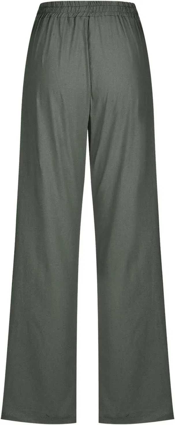Miyaomn Women's Casual Solid Pants Cotton Straight Leg Drawstring Elastic High Waist Loose Comfy Lounge Trousers with Pockets
