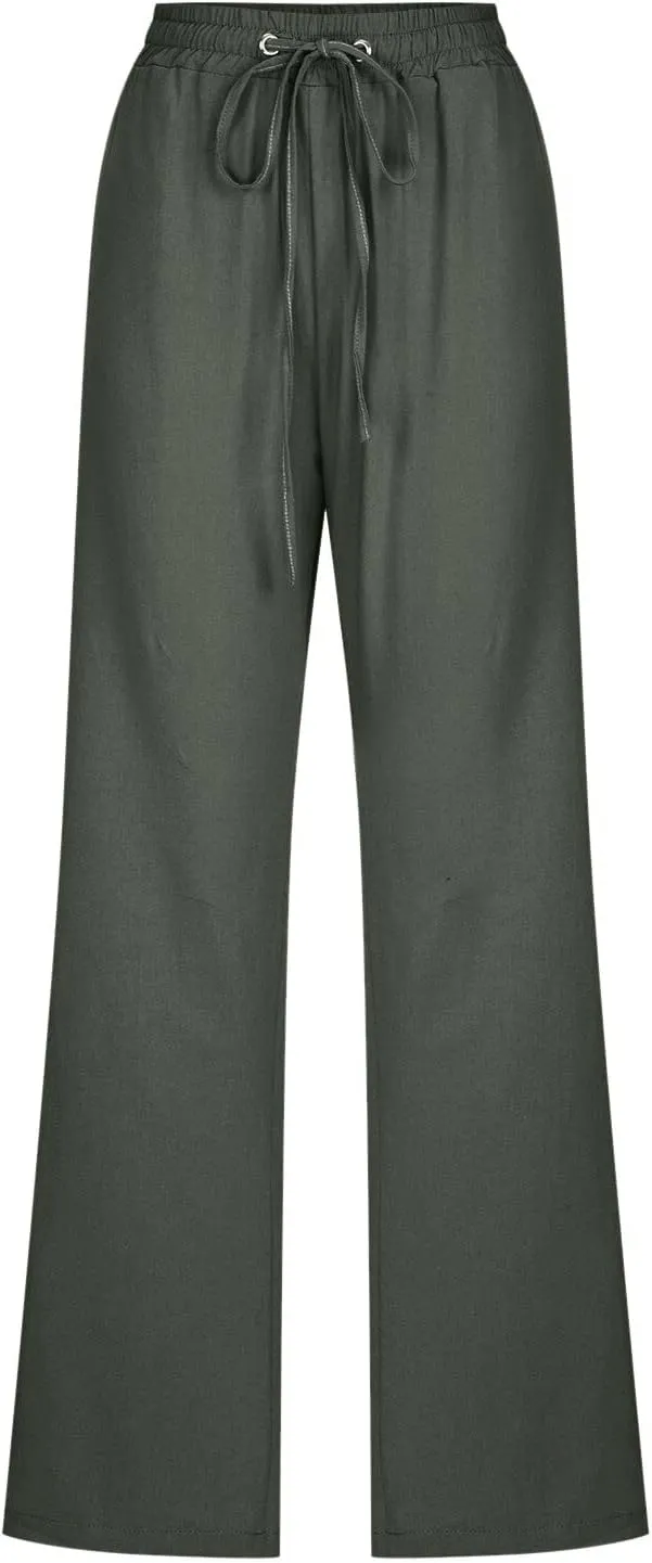 Miyaomn Women's Casual Solid Pants Cotton Straight Leg Drawstring Elastic High Waist Loose Comfy Lounge Trousers with Pockets