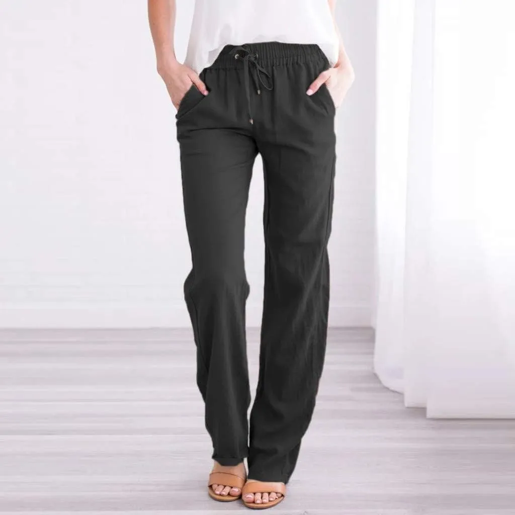 Miyaomn Women's Casual Solid Pants Cotton Straight Leg Drawstring Elastic High Waist Loose Comfy Lounge Trousers with Pockets