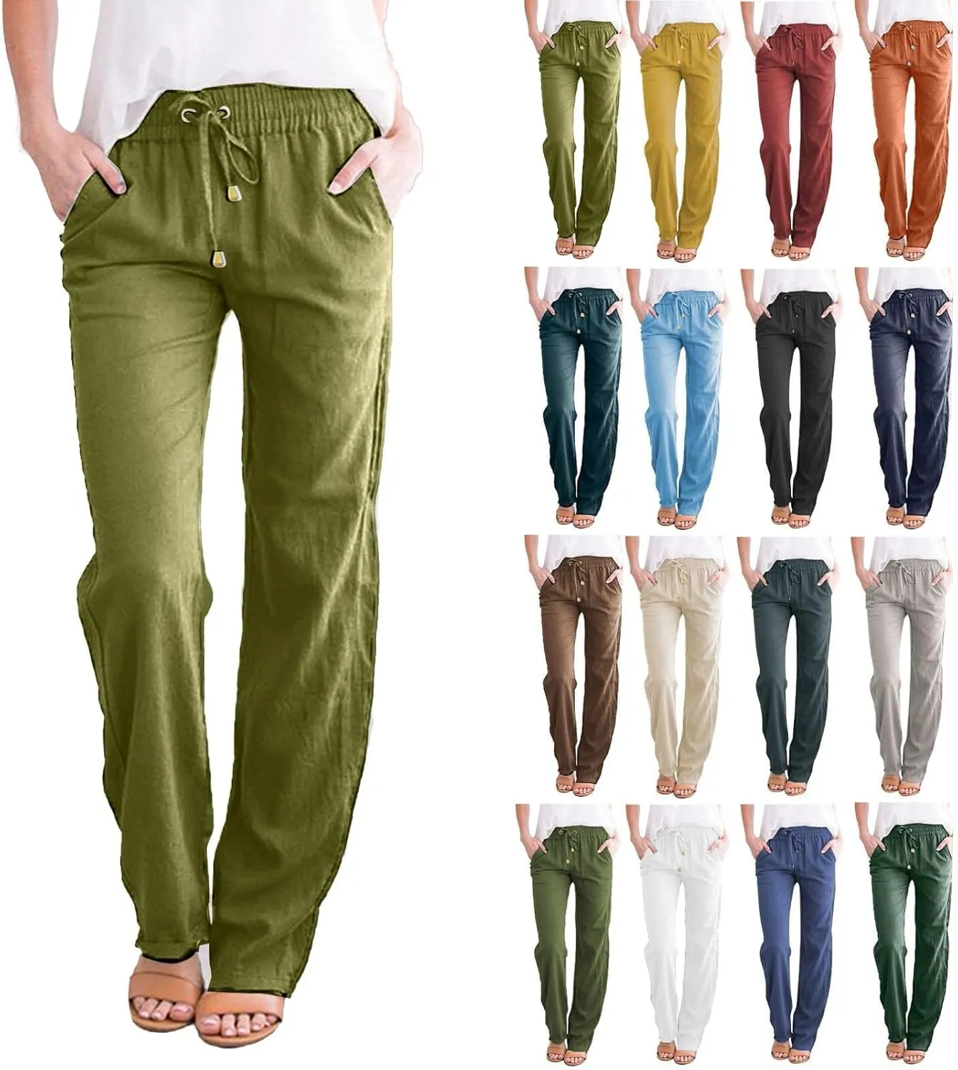 Miyaomn Women's Casual Solid Pants Cotton Straight Leg Drawstring Elastic High Waist Loose Comfy Lounge Trousers with Pockets
