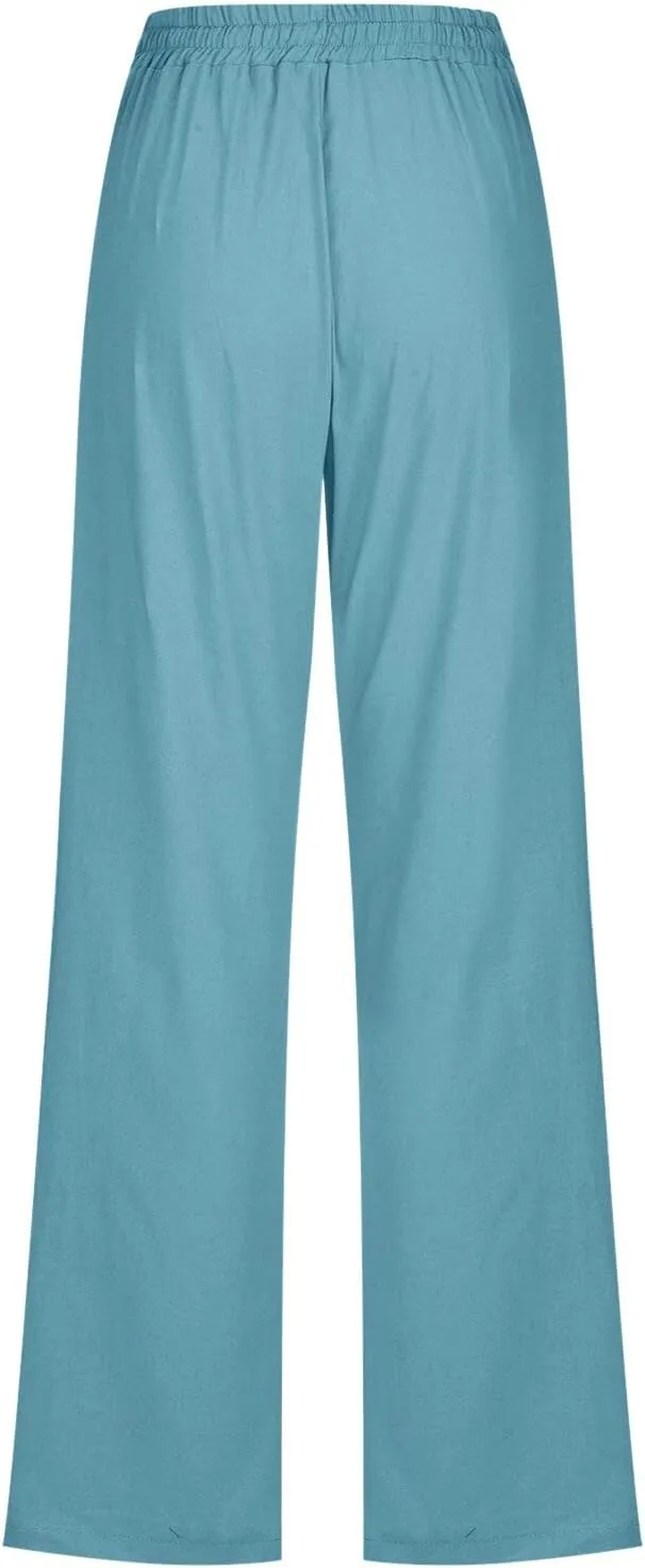Miyaomn Women's Casual Solid Pants Cotton Straight Leg Drawstring Elastic High Waist Loose Comfy Lounge Trousers with Pockets