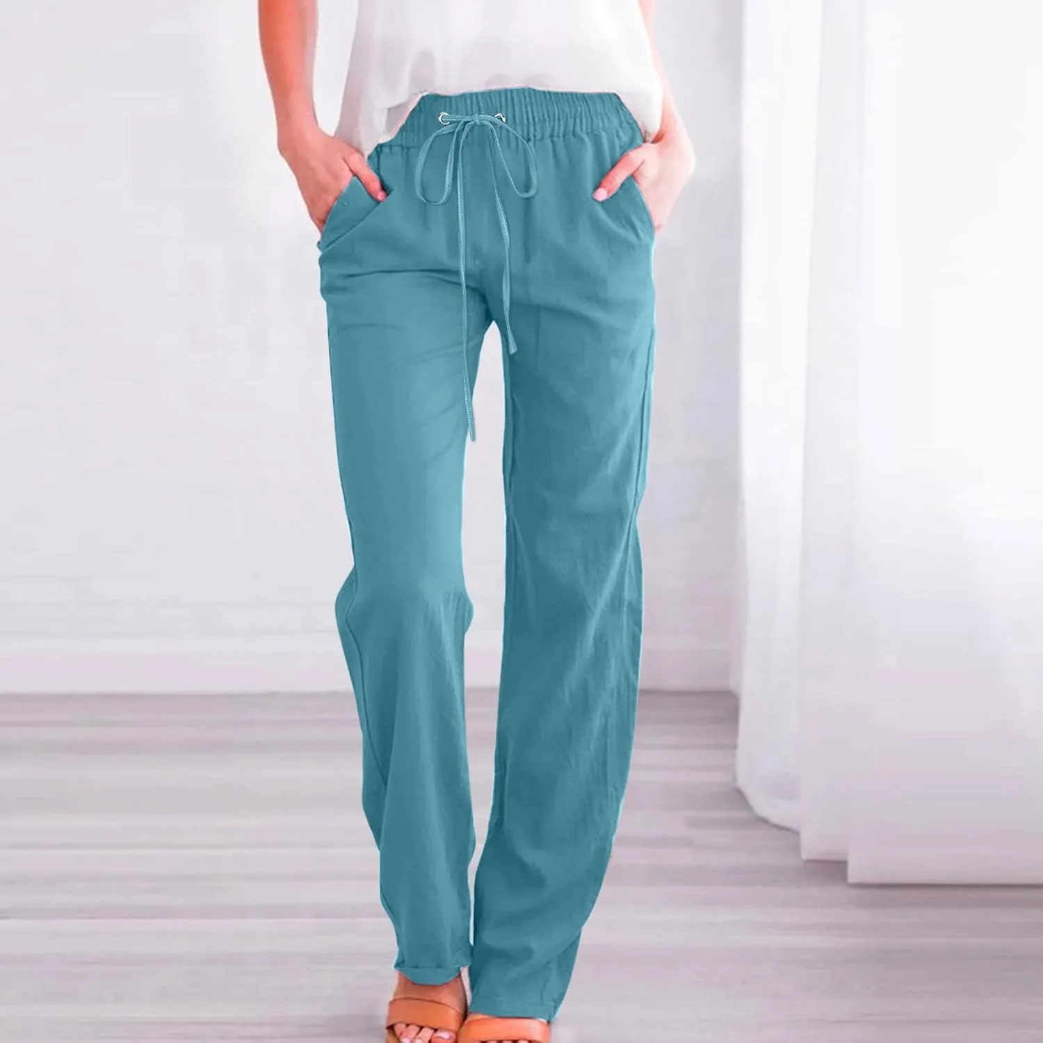 Miyaomn Women's Casual Solid Pants Cotton Straight Leg Drawstring Elastic High Waist Loose Comfy Lounge Trousers with Pockets