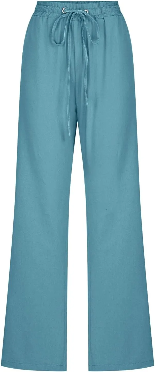 Miyaomn Women's Casual Solid Pants Cotton Straight Leg Drawstring Elastic High Waist Loose Comfy Lounge Trousers with Pockets