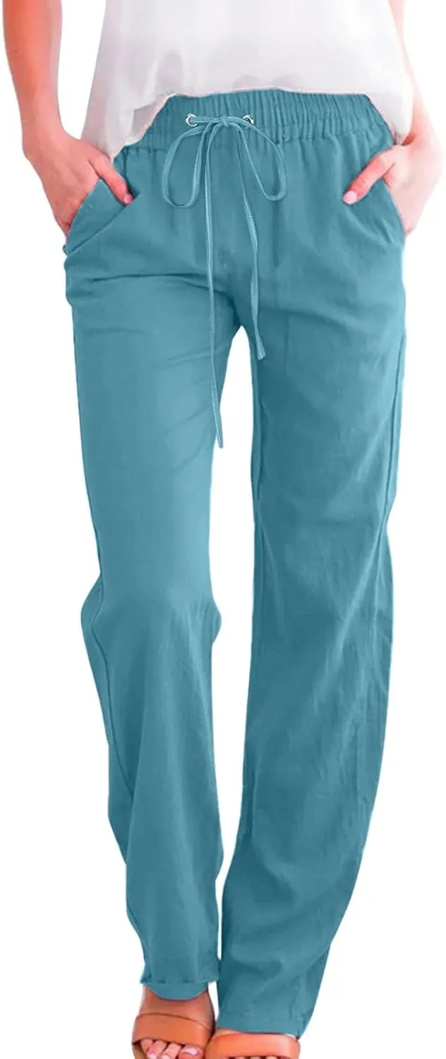 Miyaomn Women's Casual Solid Pants Cotton Straight Leg Drawstring Elastic High Waist Loose Comfy Lounge Trousers with Pockets