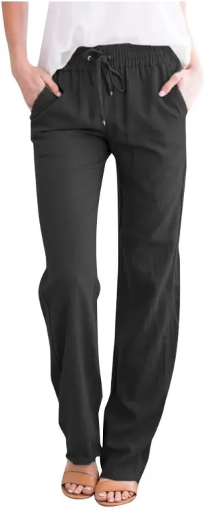 Miyaomn Women's Casual Solid Pants Cotton Straight Leg Drawstring Elastic High Waist Loose Comfy Lounge Trousers with Pockets