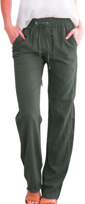 Miyaomn Women's Casual Solid Pants Cotton Straight Leg Drawstring Elastic High Waist Loose Comfy Lounge Trousers with Pockets