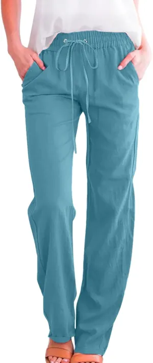 Miyaomn Women's Casual Solid Pants Cotton Straight Leg Drawstring Elastic High Waist Loose Comfy Lounge Trousers with Pockets