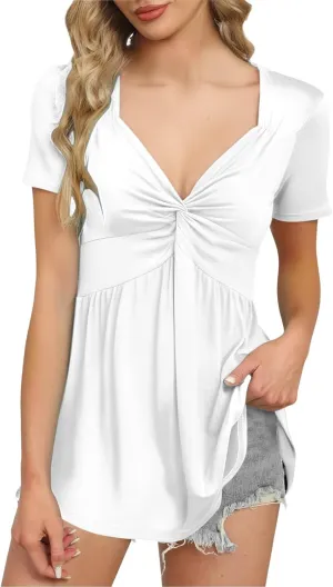 Miyaomn Women's Front Knotted V-Neck Blouse Sexy T Shirts Short Sleeve Slim Fitted Tunic Tops Summer Casual Solid Henley Tees