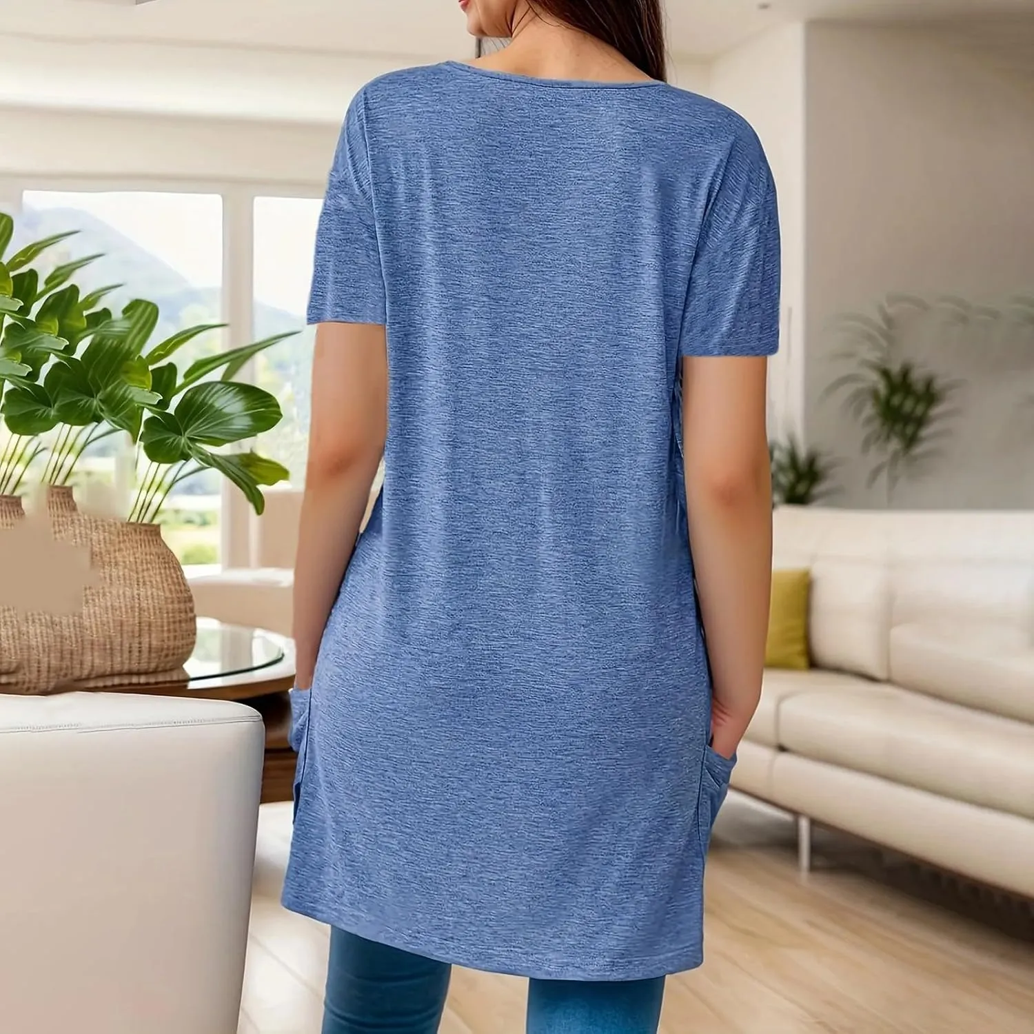 Miyaomn Women's Long Tunic Tops to Wear with Leggings Trendy Short Sleeve Loose Blouse Plus Size Casual Solid V Neck T Shirts