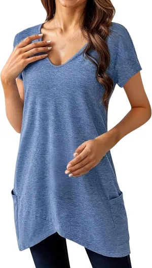 Miyaomn Women's Long Tunic Tops to Wear with Leggings Trendy Short Sleeve Loose Blouse Plus Size Casual Solid V Neck T Shirts