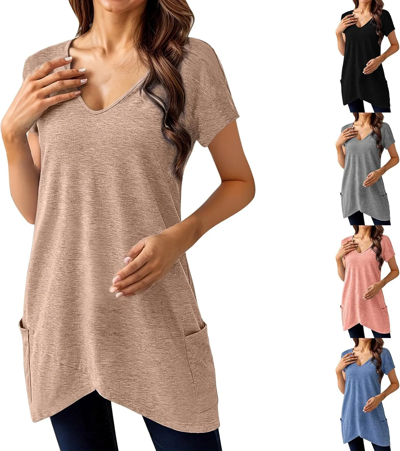 Miyaomn Women's Long Tunic Tops to Wear with Leggings Trendy Short Sleeve Loose Blouse Plus Size Casual Solid V Neck T Shirts