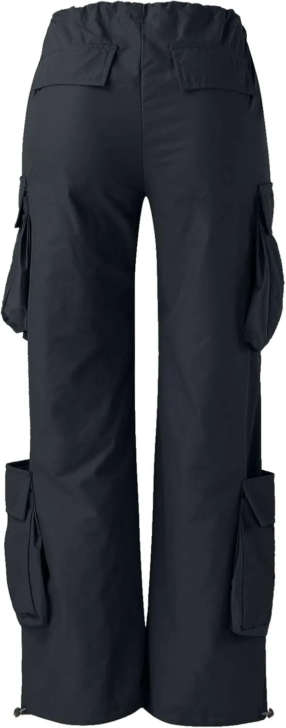 Miyaomn Women's Multi Pockets Y2K Parachute Cargo Pants Streetwear Solid Color Baggy High Waisted Straight Wide Leg Trousers