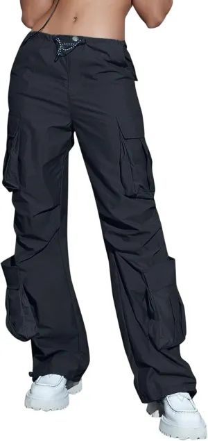 Miyaomn Women's Multi Pockets Y2K Parachute Cargo Pants Streetwear Solid Color Baggy High Waisted Straight Wide Leg Trousers