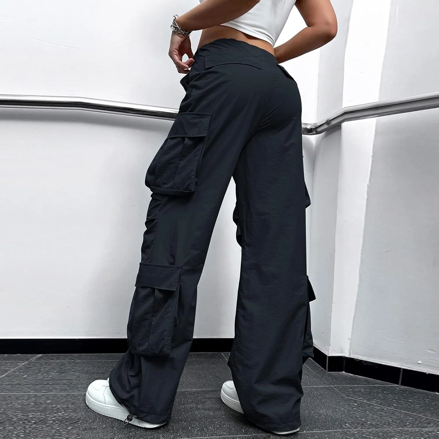 Miyaomn Women's Multi Pockets Y2K Parachute Cargo Pants Streetwear Solid Color Baggy High Waisted Straight Wide Leg Trousers
