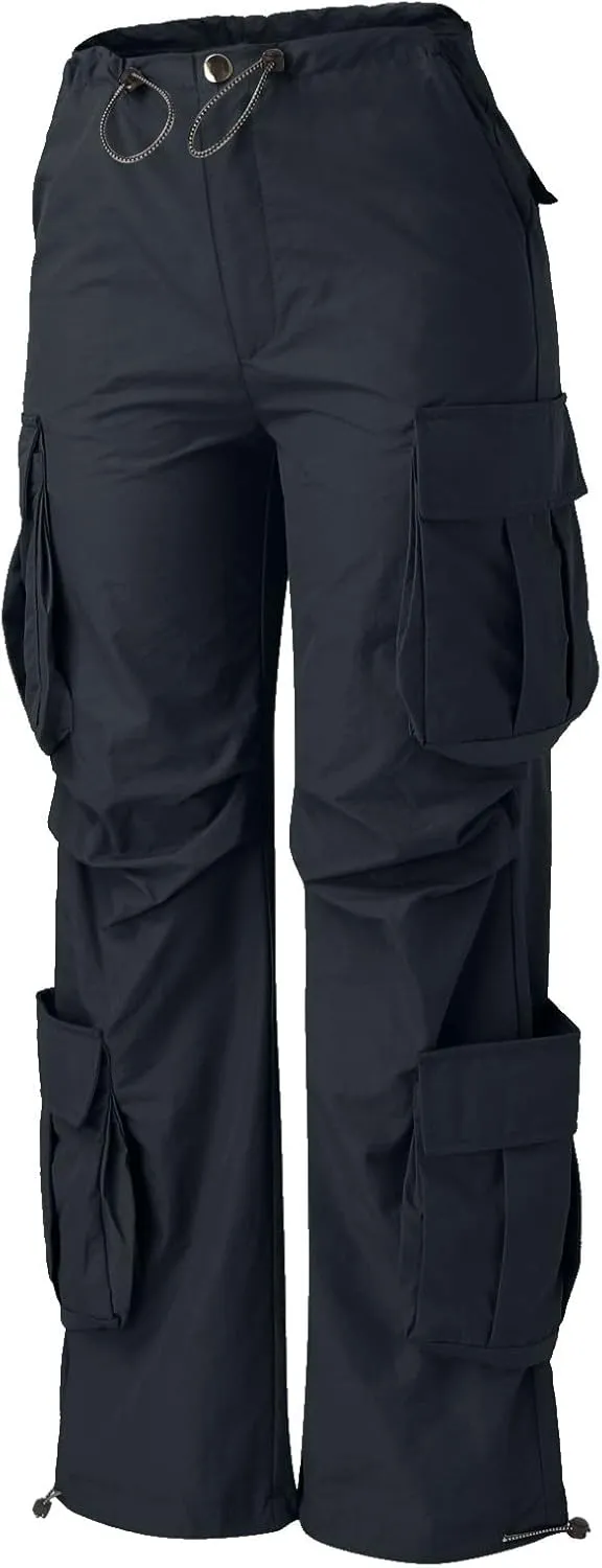 Miyaomn Women's Multi Pockets Y2K Parachute Cargo Pants Streetwear Solid Color Baggy High Waisted Straight Wide Leg Trousers