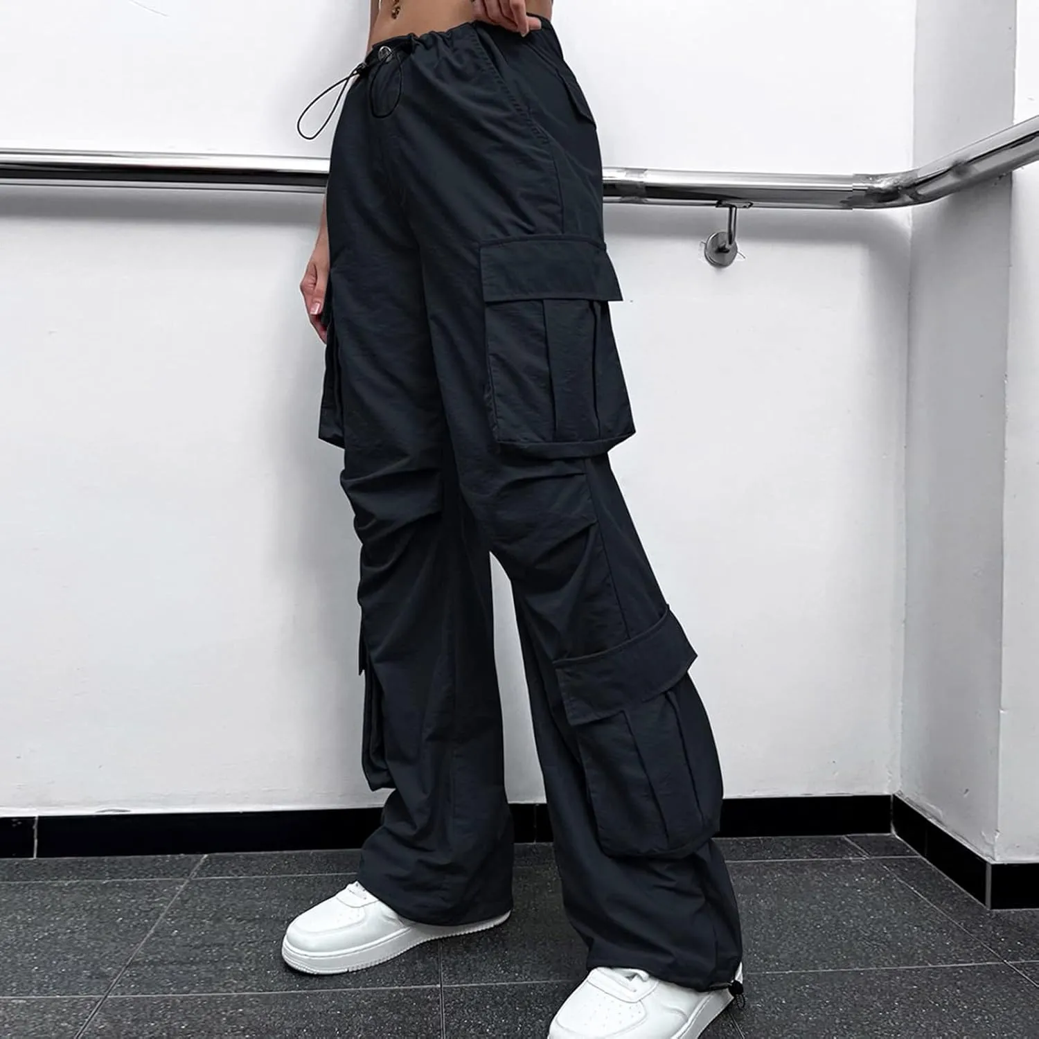 Miyaomn Women's Multi Pockets Y2K Parachute Cargo Pants Streetwear Solid Color Baggy High Waisted Straight Wide Leg Trousers