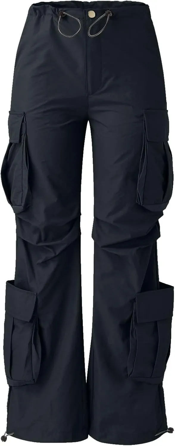 Miyaomn Women's Multi Pockets Y2K Parachute Cargo Pants Streetwear Solid Color Baggy High Waisted Straight Wide Leg Trousers