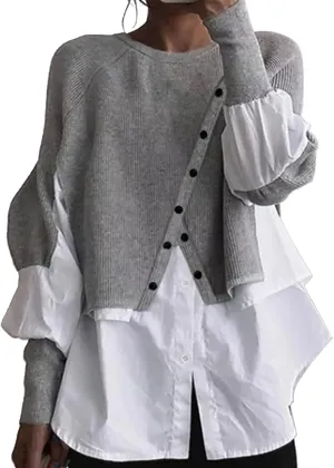 Miyaomn Womens Trendy Patchwork Shirts 2 in 1 Oblique Buttons Lantern Sleeve Pullover Sweater Casual Layered Raglan Loose Top