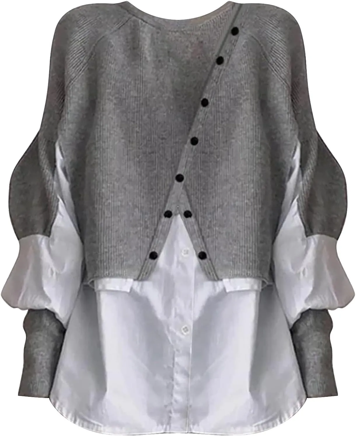 Miyaomn Womens Trendy Patchwork Shirts 2 in 1 Oblique Buttons Lantern Sleeve Pullover Sweater Casual Layered Raglan Loose Top