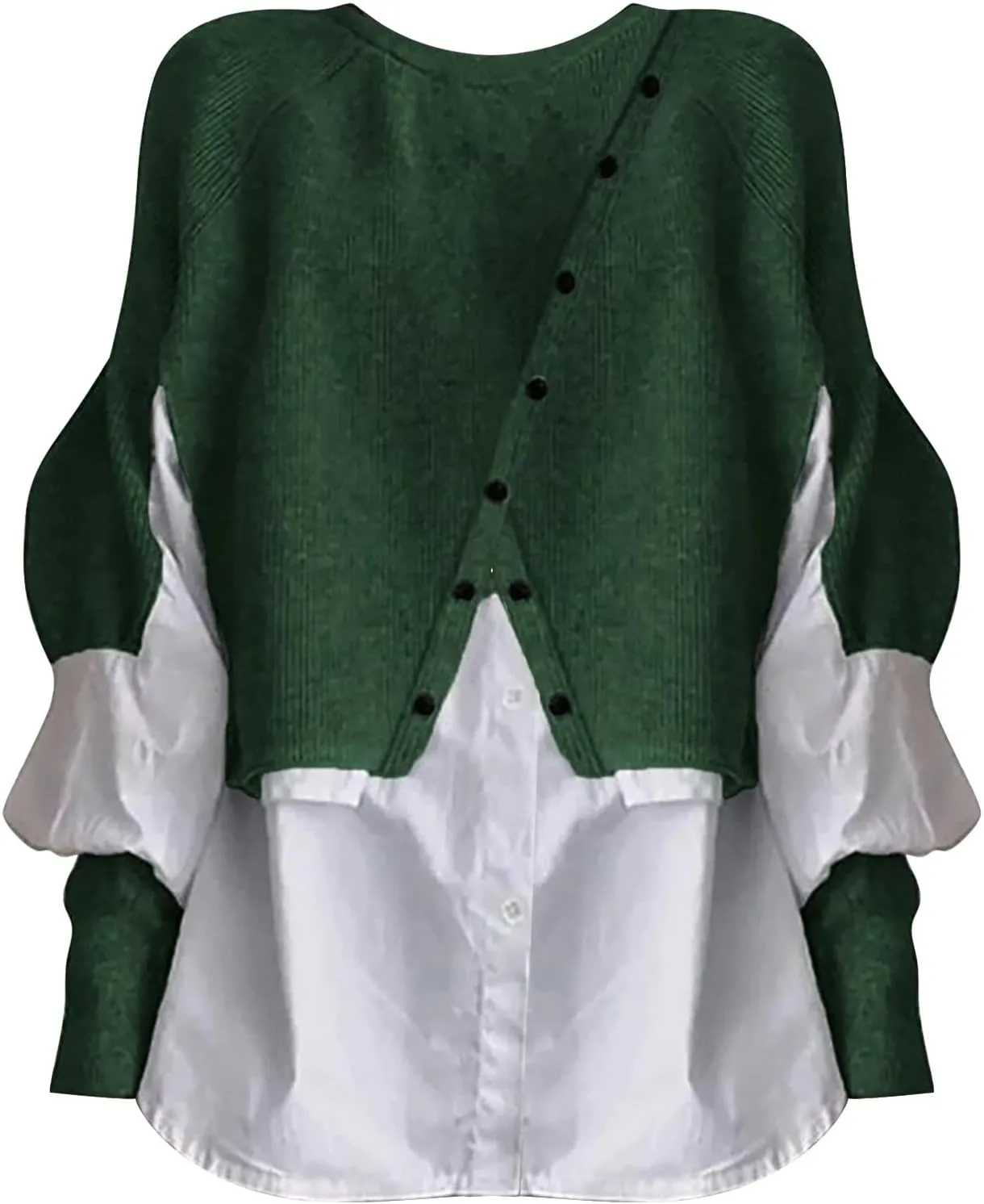 Miyaomn Womens Trendy Patchwork Shirts 2 in 1 Oblique Buttons Lantern Sleeve Pullover Sweater Casual Layered Raglan Loose Top