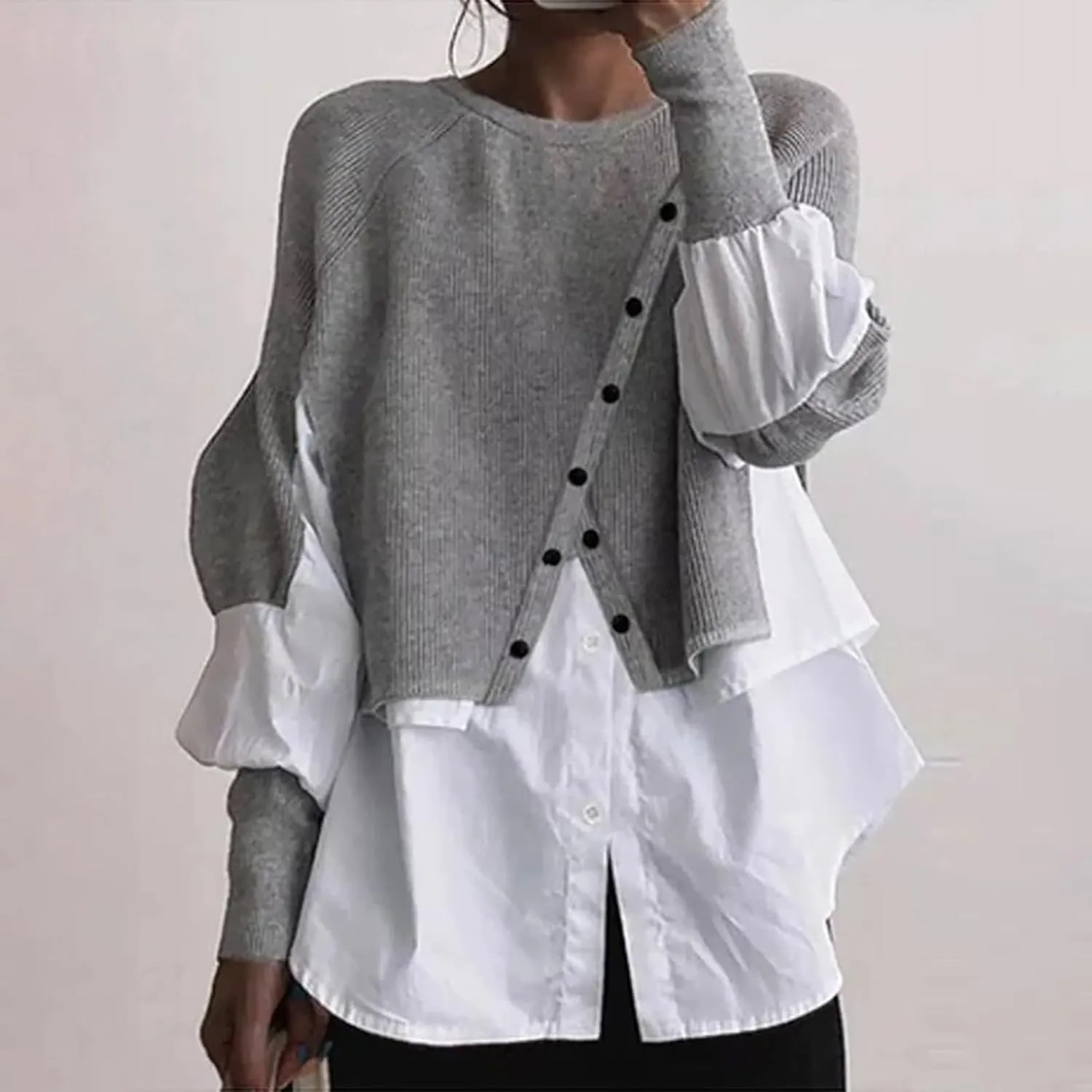 Miyaomn Womens Trendy Patchwork Shirts 2 in 1 Oblique Buttons Lantern Sleeve Pullover Sweater Casual Layered Raglan Loose Top