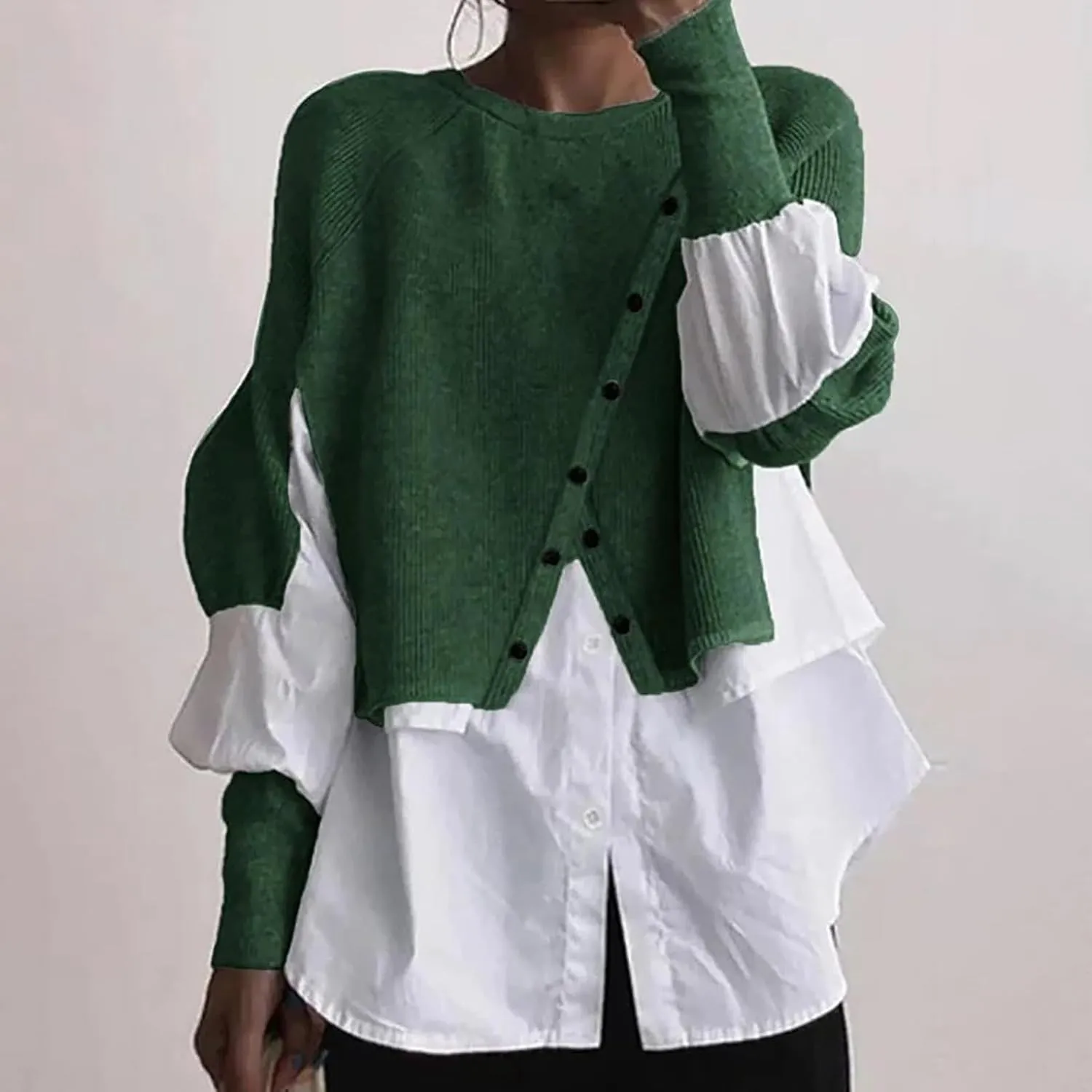 Miyaomn Womens Trendy Patchwork Shirts 2 in 1 Oblique Buttons Lantern Sleeve Pullover Sweater Casual Layered Raglan Loose Top