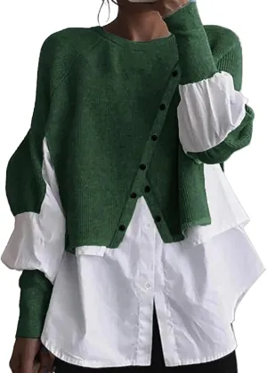 Miyaomn Womens Trendy Patchwork Shirts 2 in 1 Oblique Buttons Lantern Sleeve Pullover Sweater Casual Layered Raglan Loose Top
