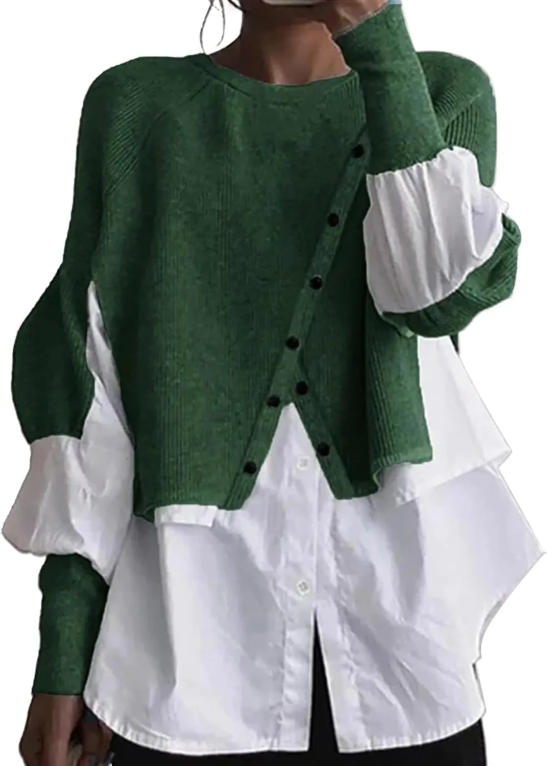 Miyaomn Womens Trendy Patchwork Shirts 2 in 1 Oblique Buttons Lantern Sleeve Pullover Sweater Casual Layered Raglan Loose Top
