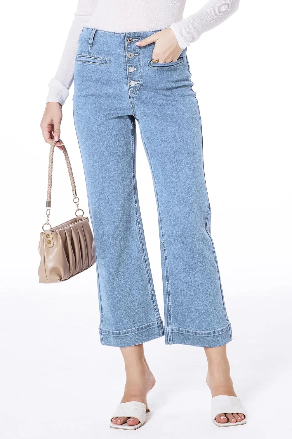MONTVOO Women's Cropped Jeans Trendy Stretch High Waisted Denim Pants Straight Tummy Control Capri Button Fly Denim Jean