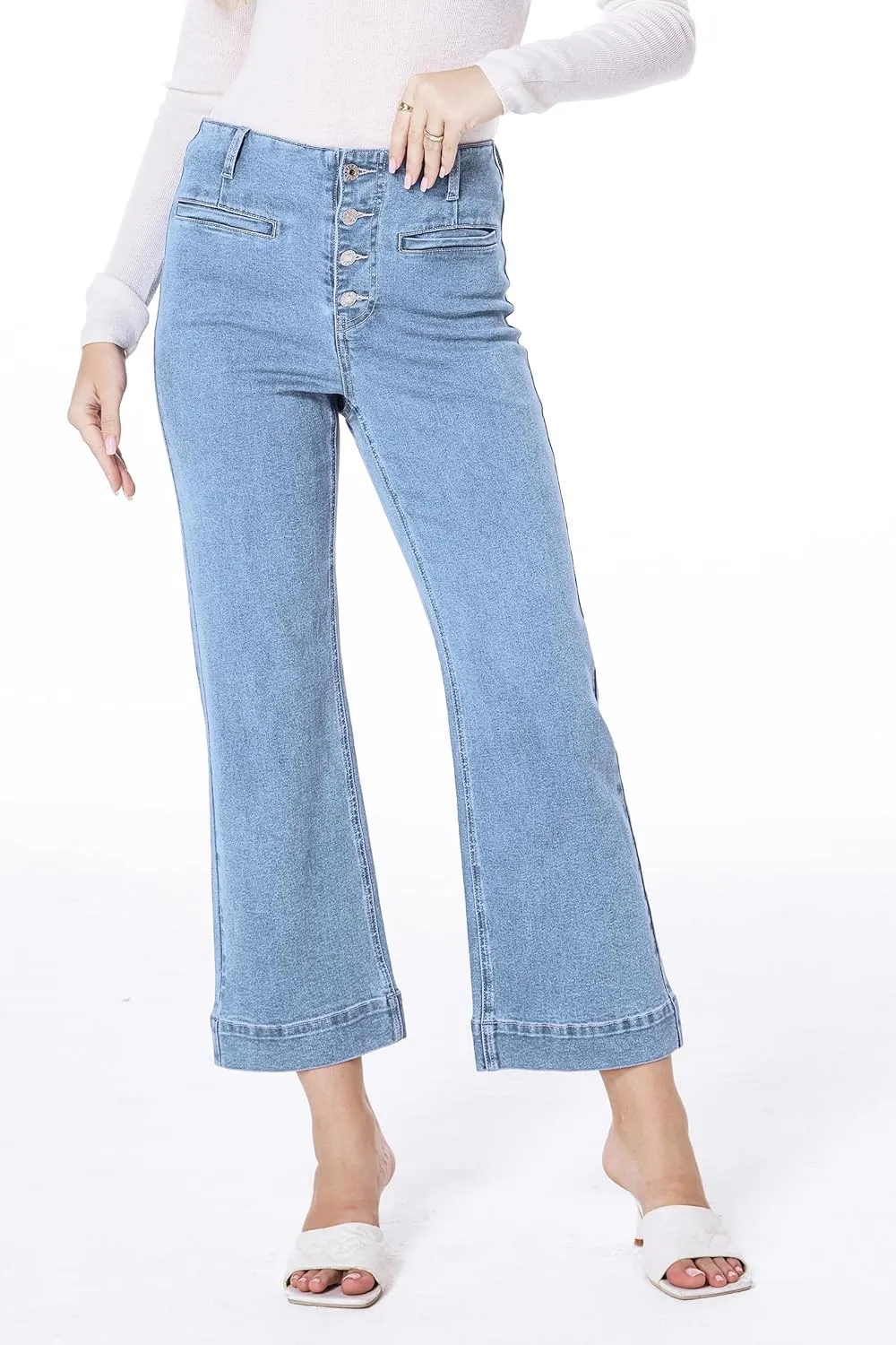 MONTVOO Women's Cropped Jeans Trendy Stretch High Waisted Denim Pants Straight Tummy Control Capri Button Fly Denim Jean