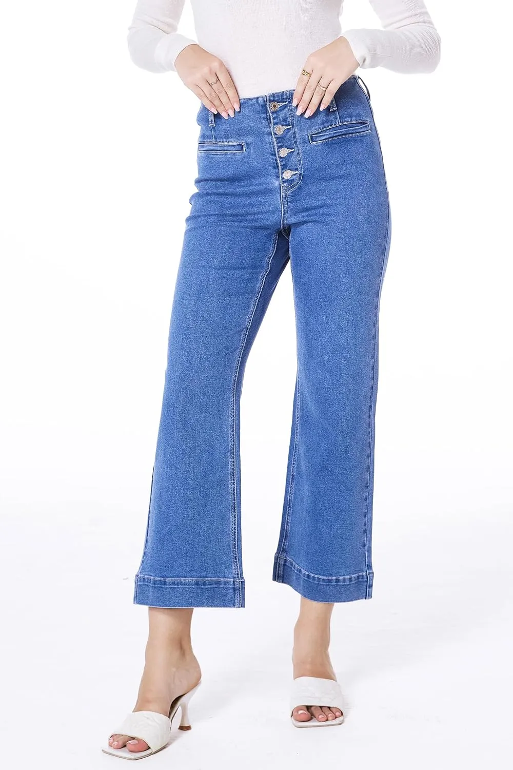 MONTVOO Women's Cropped Jeans Trendy Stretch High Waisted Denim Pants Straight Tummy Control Capri Button Fly Denim Jean