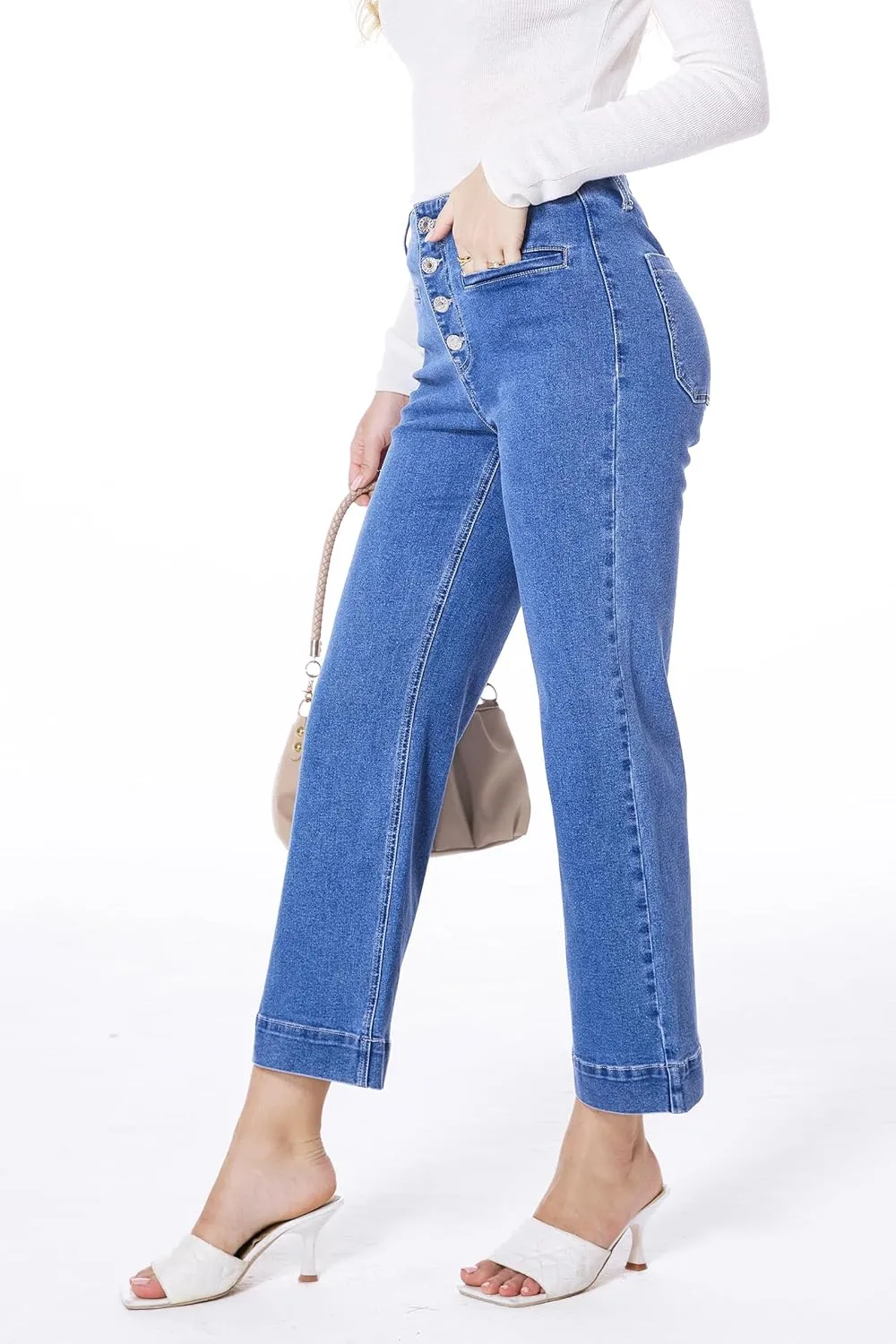 MONTVOO Women's Cropped Jeans Trendy Stretch High Waisted Denim Pants Straight Tummy Control Capri Button Fly Denim Jean