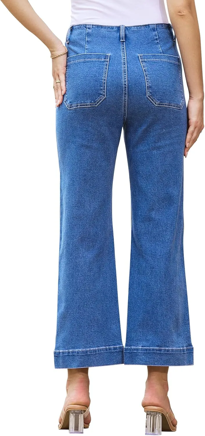 MONTVOO Women's Cropped Jeans Trendy Stretch High Waisted Denim Pants Straight Tummy Control Capri Button Fly Denim Jean