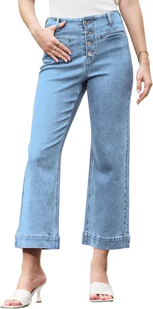 MONTVOO Women's Cropped Jeans Trendy Stretch High Waisted Denim Pants Straight Tummy Control Capri Button Fly Denim Jean