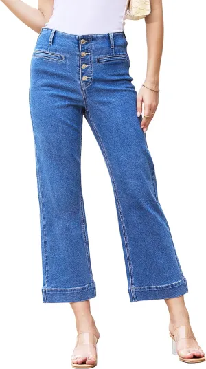MONTVOO Women's Cropped Jeans Trendy Stretch High Waisted Denim Pants Straight Tummy Control Capri Button Fly Denim Jean
