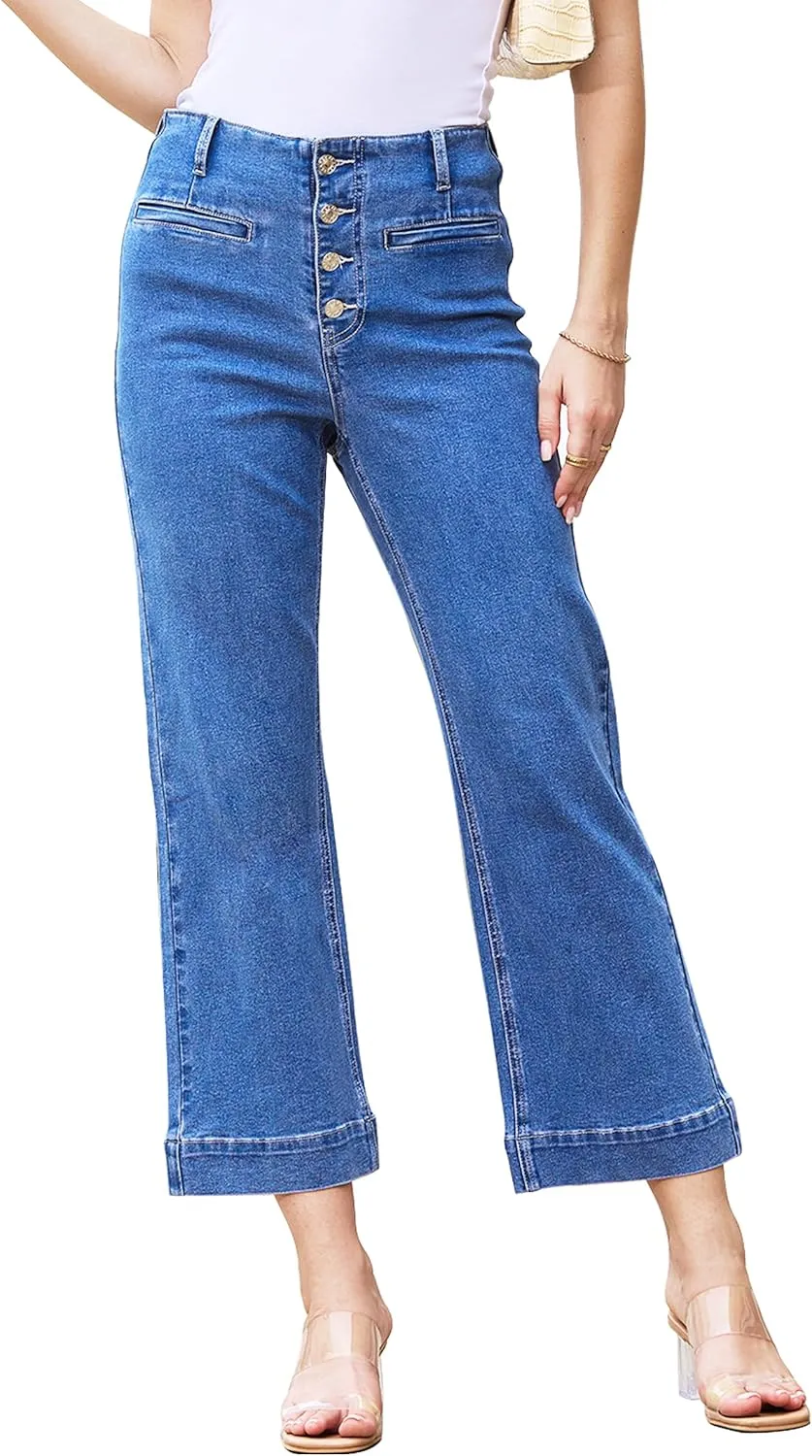 MONTVOO Women's Cropped Jeans Trendy Stretch High Waisted Denim Pants Straight Tummy Control Capri Button Fly Denim Jean