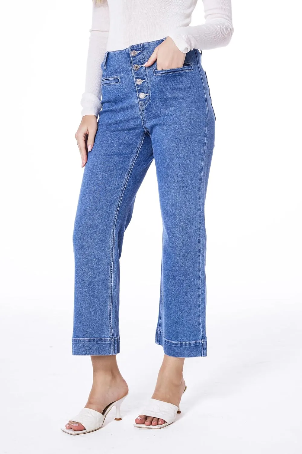 MONTVOO Women's Cropped Jeans Trendy Stretch High Waisted Denim Pants Straight Tummy Control Capri Button Fly Denim Jean