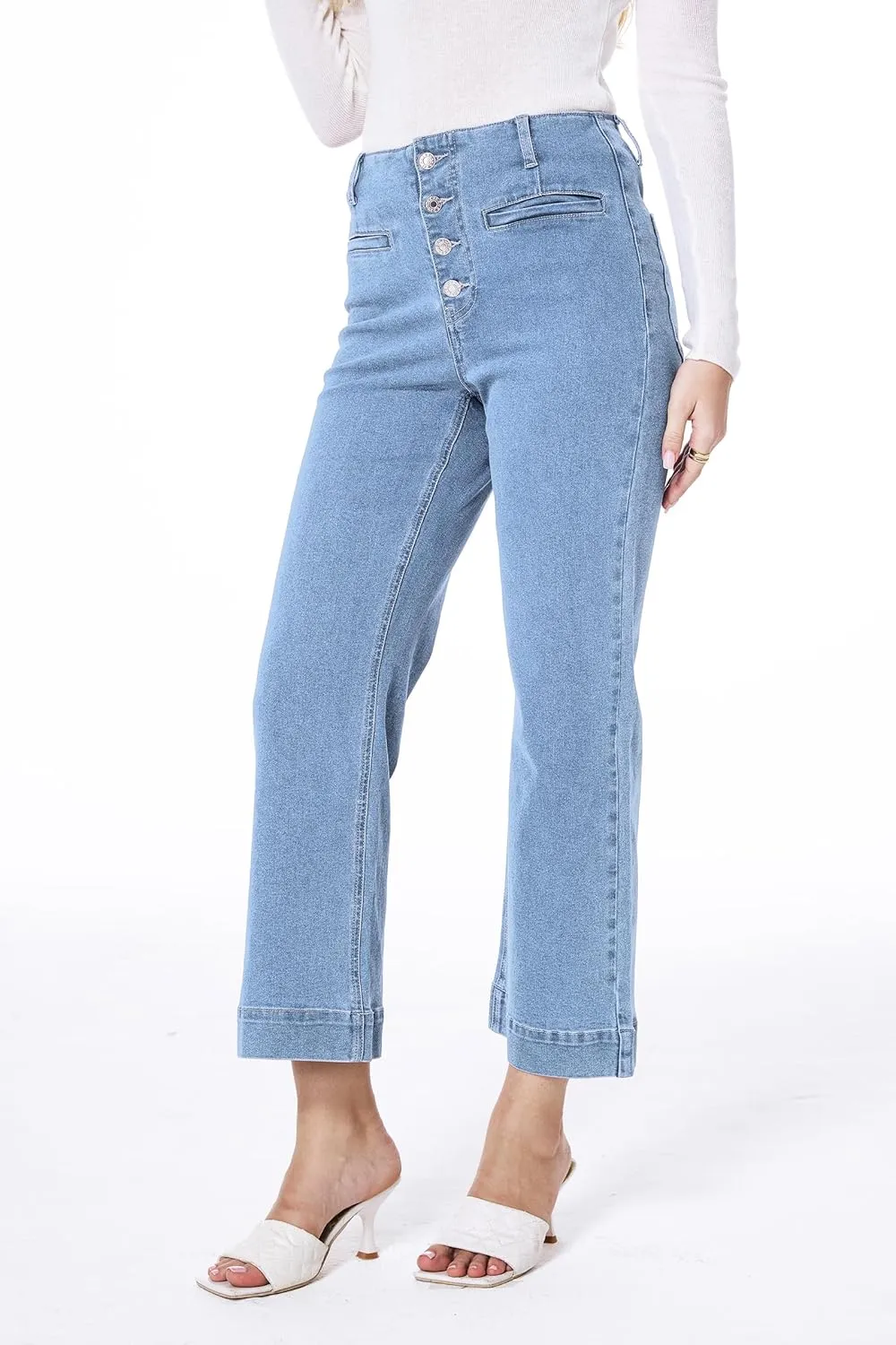 MONTVOO Women's Cropped Jeans Trendy Stretch High Waisted Denim Pants Straight Tummy Control Capri Button Fly Denim Jean