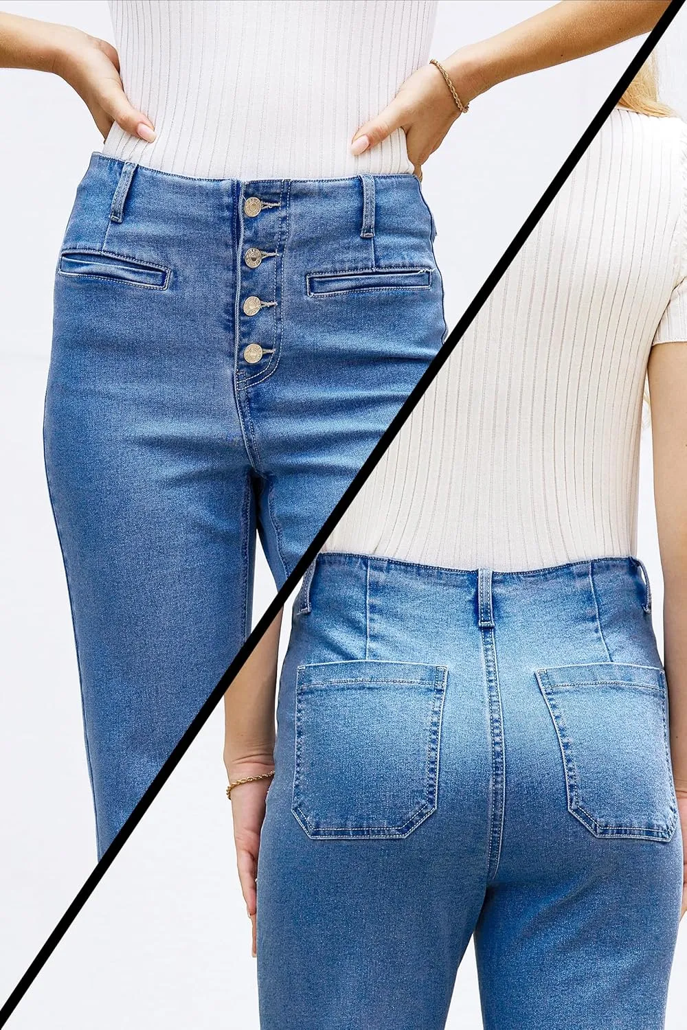 MONTVOO Women's Cropped Jeans Trendy Stretch High Waisted Denim Pants Straight Tummy Control Capri Button Fly Denim Jean