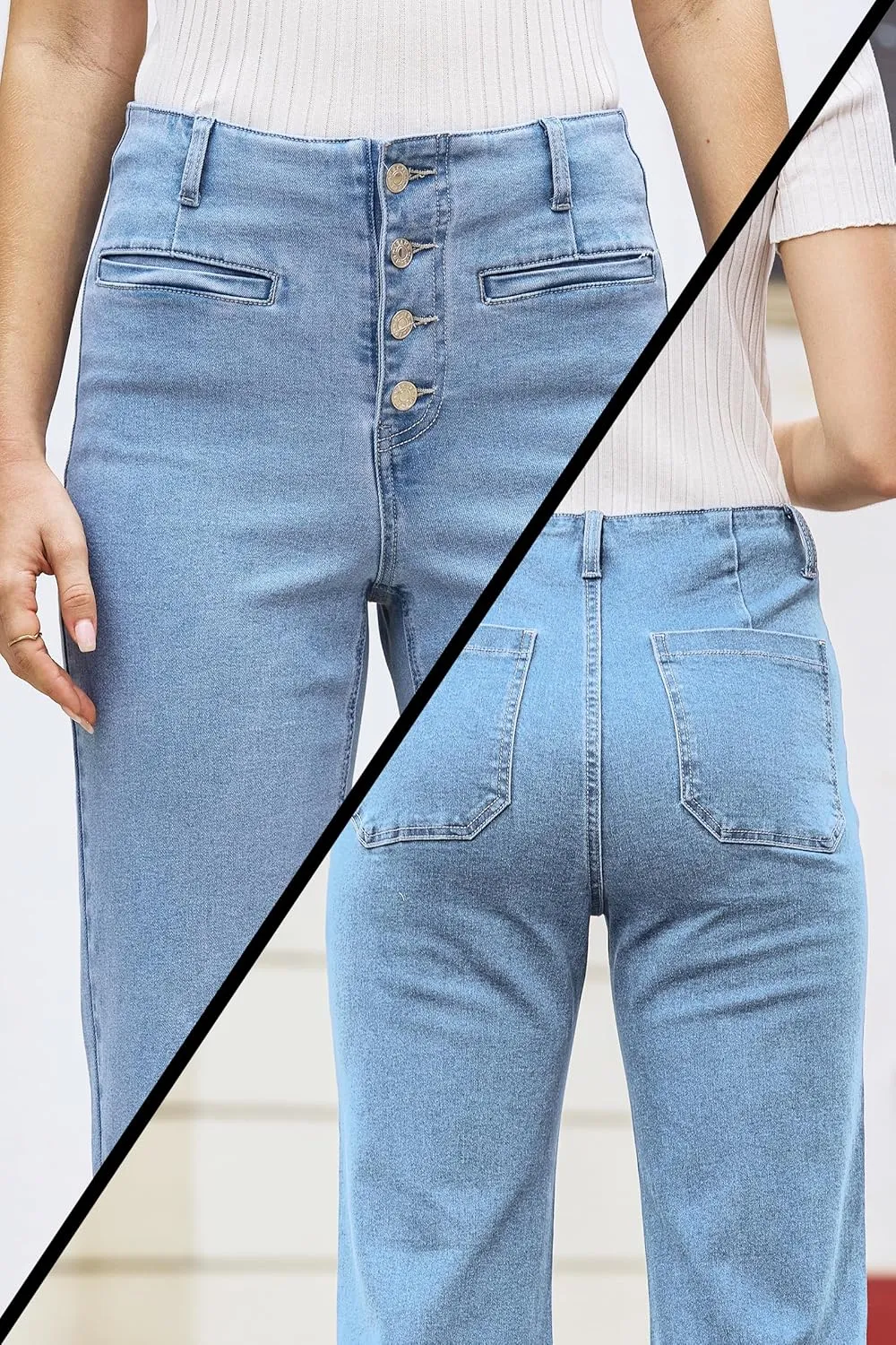 MONTVOO Women's Cropped Jeans Trendy Stretch High Waisted Denim Pants Straight Tummy Control Capri Button Fly Denim Jean