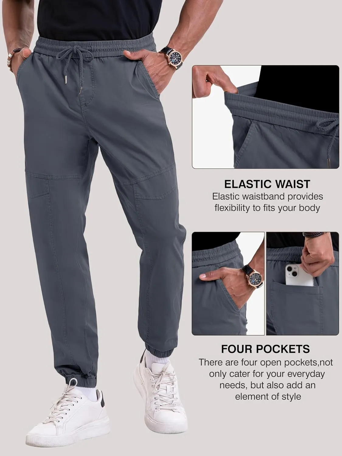 NATUVENIX Mens Casual Pants Stretch Joggers for Men with Pockets Chino Pants for Men Lightweight Mens Travel Pants Drawstring