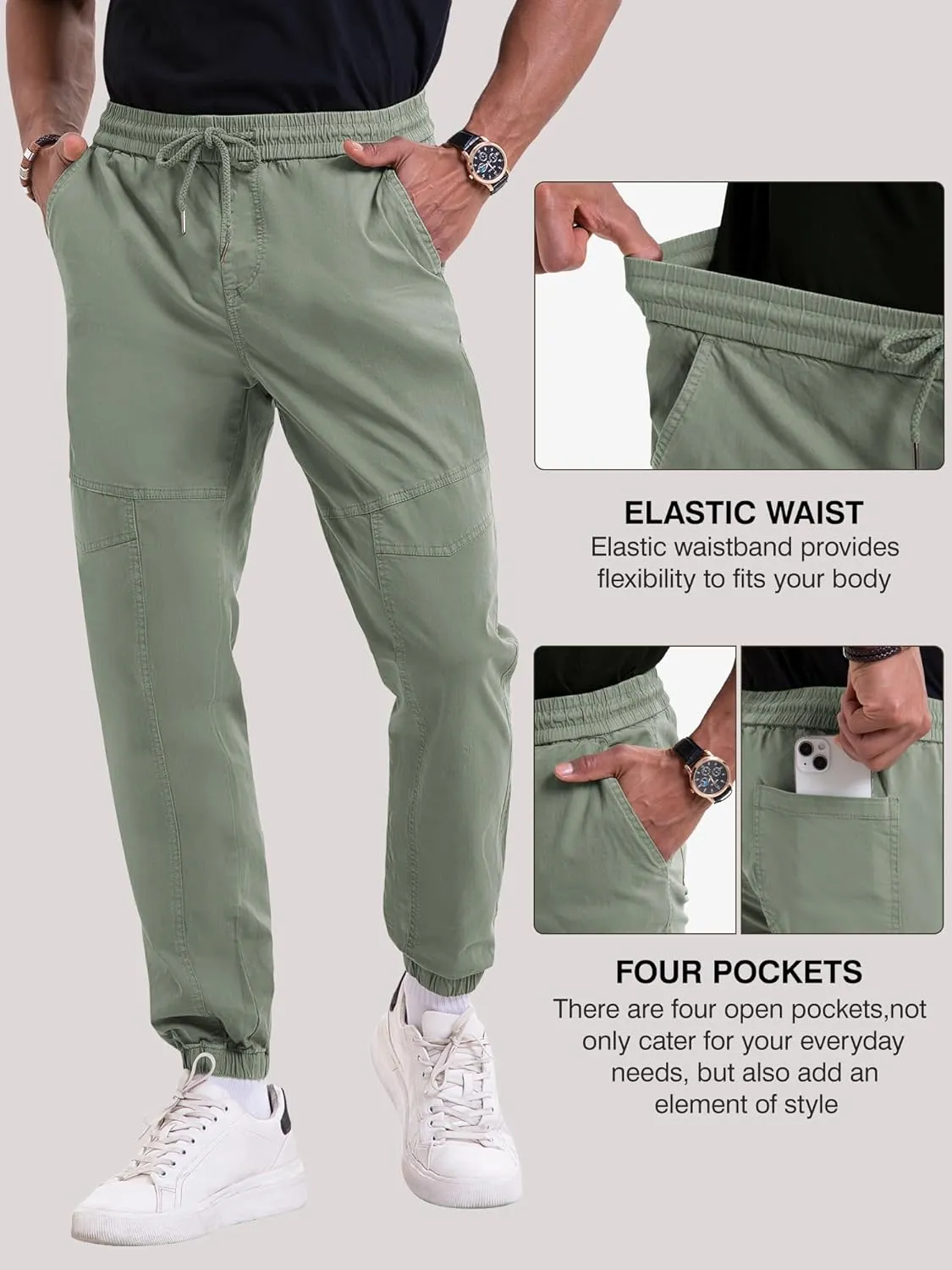 NATUVENIX Mens Casual Pants Stretch Joggers for Men with Pockets Chino Pants for Men Lightweight Mens Travel Pants Drawstring