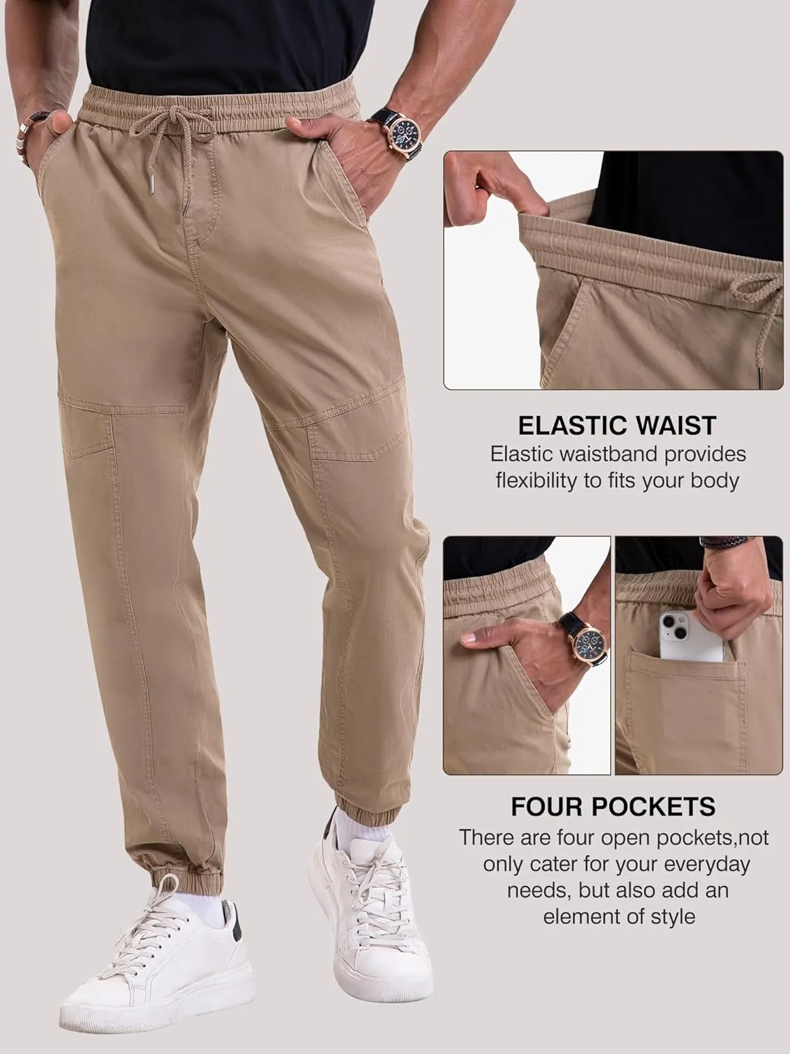 NATUVENIX Mens Casual Pants Stretch Joggers for Men with Pockets Chino Pants for Men Lightweight Mens Travel Pants Drawstring