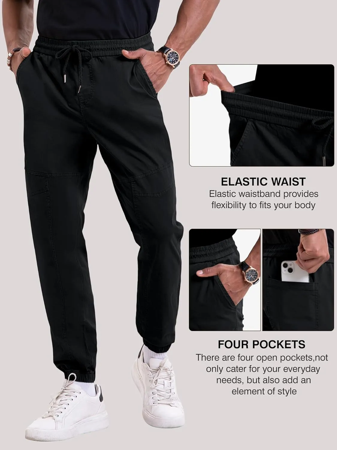 NATUVENIX Mens Casual Pants Stretch Joggers for Men with Pockets Chino Pants for Men Lightweight Mens Travel Pants Drawstring