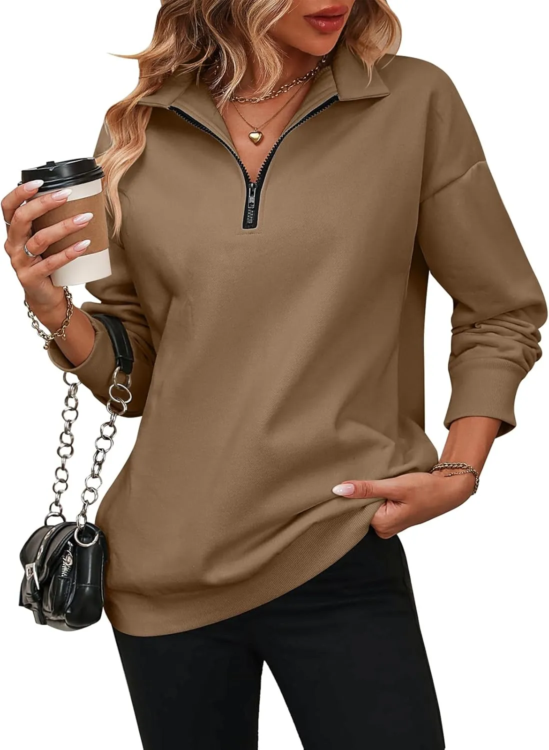 OBEEII Half Zip Sweatshirts for Women, Quarter Zip Long Sleeve Hoodies Sweaters Fleece Pullover Top Fall Winter Clothes