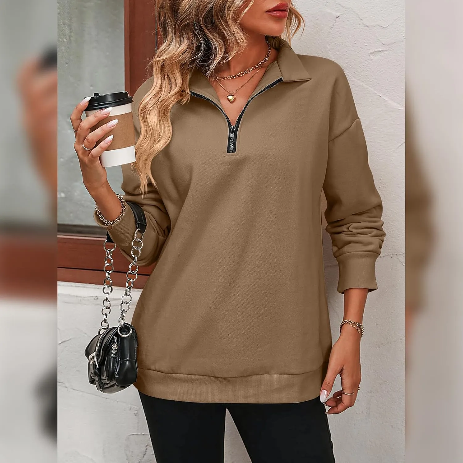 OBEEII Half Zip Sweatshirts for Women, Quarter Zip Long Sleeve Hoodies Sweaters Fleece Pullover Top Fall Winter Clothes